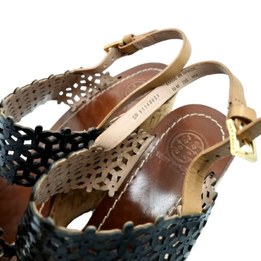 TORY BURCH~Daisy Floral~BLACK PERFORATED LEATHER PLATFORM SANDALS SHOES Sz 10